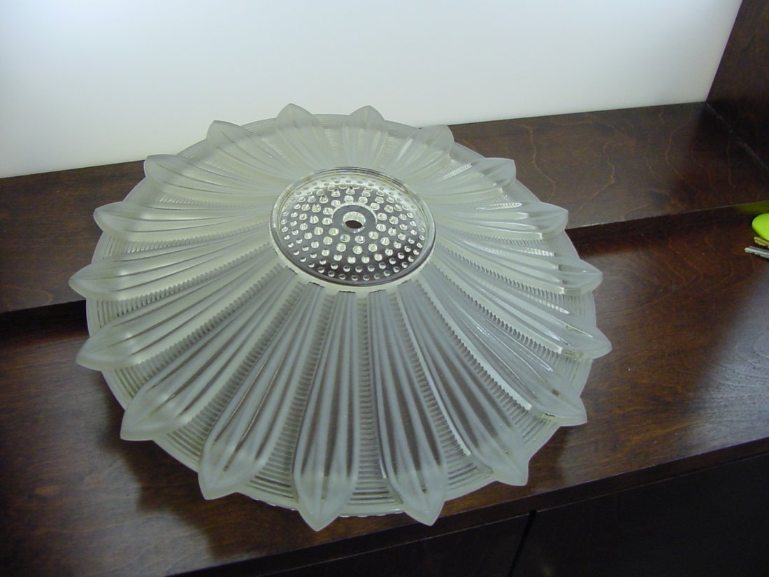 Ceiling Petal Shade: Ceiling fixture, 14" wide by 3 1/2" tall, frosted petals, one nick on exterior top tooth, otherwise good condition, mainly frosted glass finish, heavy weight to the glass.