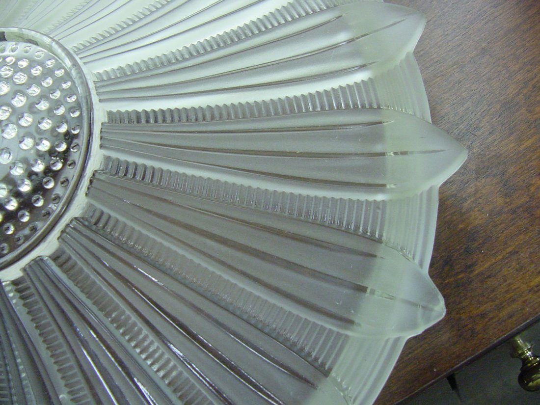 Ceiling Petal Shade: Ceiling fixture, 14" wide by 3 1/2" tall, frosted petals, three small nicks on exterior petal otherwise good condition, clear to frosted colors.