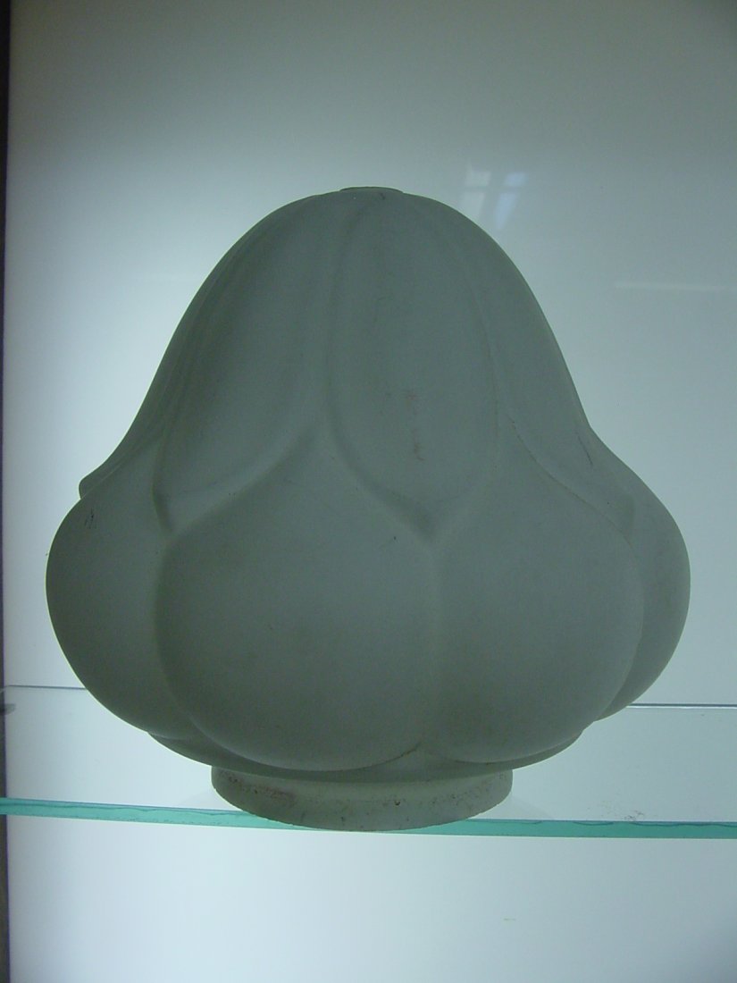 Leaf Design Paneled Shade: Ceiling drop, 4" fitter, ribbed or paneled shade, 7 1/2" tall, stylized leaf design, white satin glass.