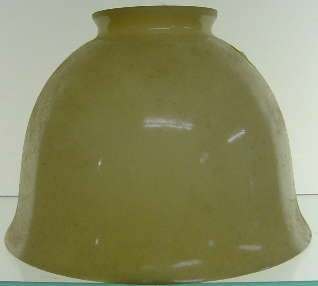 Gas Shade: 2 1/4" fitter, 4" tall, 5 1/2" diameter, few nicks around the rim, gas shade, light caramel color.