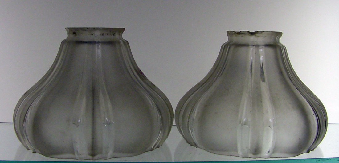 Set 3 Gas Frosted Shades: 2 1/4" fitter, 4 1/2" tall, 5" opening, set of 3, frosted glass gas shades, 1 shade is as is.