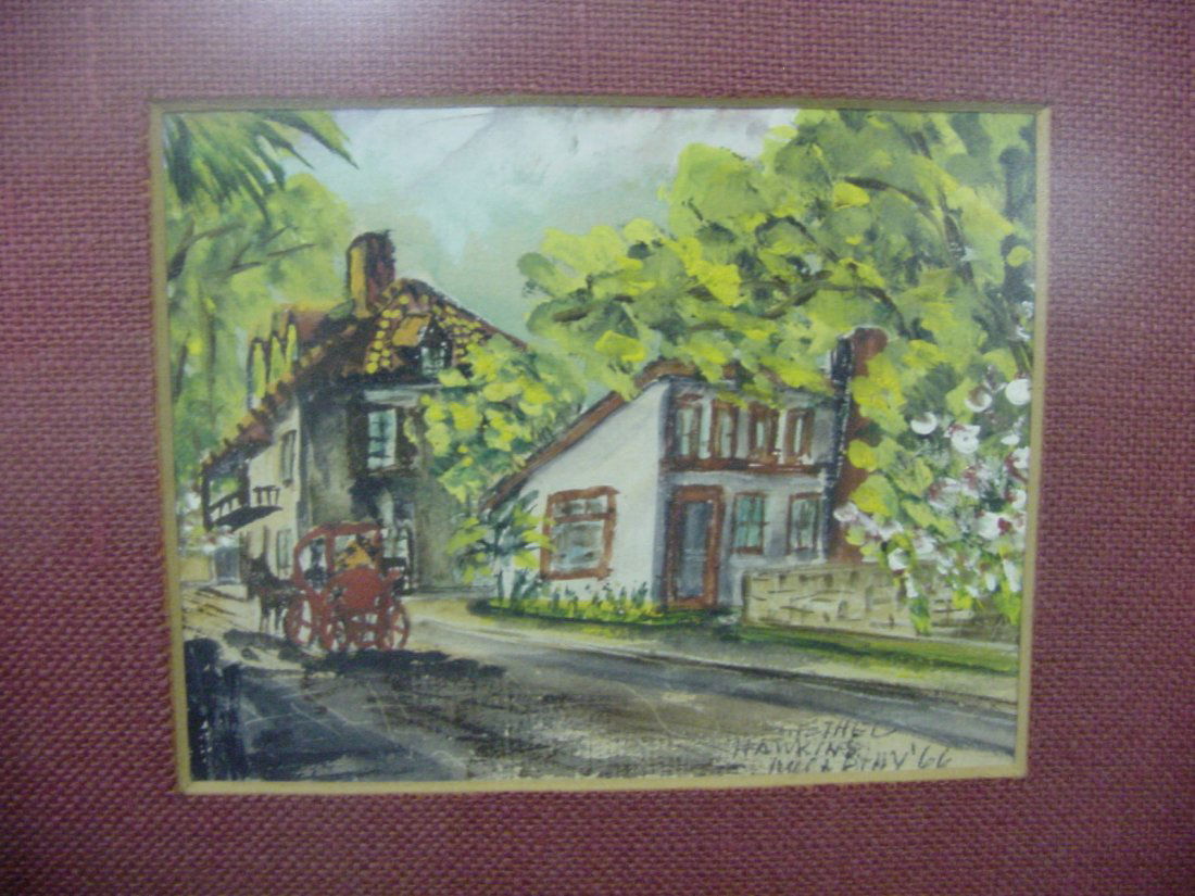 Horse Drawn Carriage - Ethel Hawking: Signed, Ethel Hawkins '66, Oil on Board of a Horse Drawn Carriage on a dirt road. To the right of the carriage are two houses. The first house is white with brown trim. The second house is tan with a