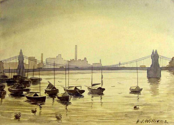 English Boating Scenes by Hubert John Williams: "By Hubert John Williams Images: 16 7/8"" by 12 1/4"" Type: Watercolor on paper Condition: Good Description: Signed H. J. Williams, Hubert John Williams was born in 1905 and studied art at the Royal A