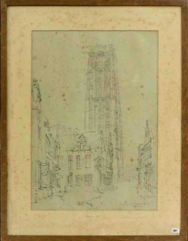 Tower Of The Cathedral At Malines, John Frederick L: "By John Frederick Lewis Frame: 14 5/8"" by 18 7/8"" Image: 10"" by 13 7/8"" Type: Pen & Ink Drawing Condition: Surface Foxing, Not Bad But Visible Description: Excellent antique drawing by John Frede