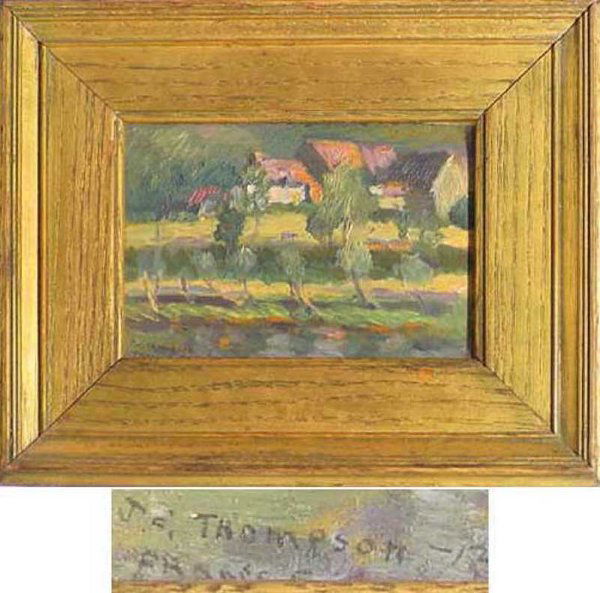 Le Pin Pres De Bordeux France by John Thompson, Am: "Type: Oil On Board Image Size: 5 3/4 Wide by 4 3/4 Tall Condition: Good Original Condition, Framed Originally Under Glass Description: A hauntingly beautiful work showing trees being swayed by wind,