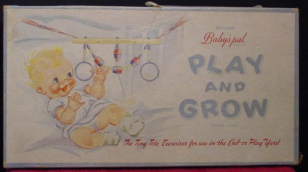 Dr. Allens Play & Grow Babys Pal: Original box, pink and blue hangers, hard plastic and wood, used for babies exercise in either the crib or play yard, this Dr. Allens set was made by Krueger, NY, no visible date on the box but likely