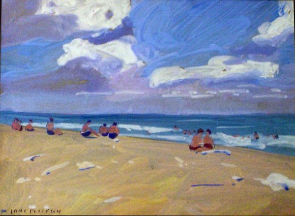 Jane Peterson Beach Watercolor: Combination of Watercolor and Gauche, signed lower left Jane Peterson, descended through a New York dancers family, unbelievably good condition, artwork dimensions are 11 3/4 inches wide by 8 3/4 inch
