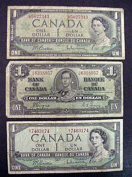 3 Canadian $1 Dollar Bills