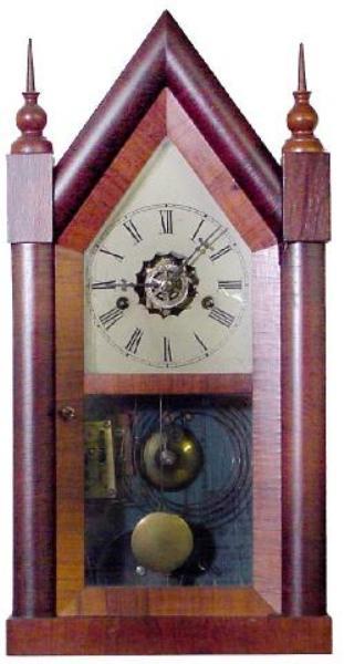 New Haven Sharp Gothic Alarm Mantel Clock, Mid 19th: Painted Tin Face w/Roman Numerals, This Alarm Clock Has Most Of The Original Blue Label Still On The Back Board, Good Veneer Condition, 19 3/4 Tall by 10 Wide, restored Case, Old If Not Original Glass