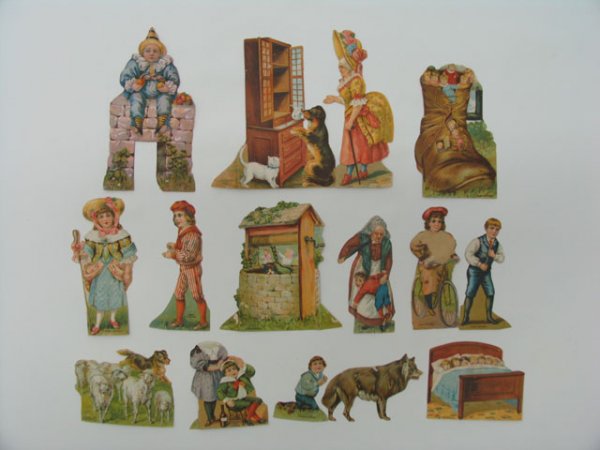 Trade Die-Cuts, Nursery Rhymes Lion Coffee: Advertising Lion Coffee, sets and partials include: Old Mother Hubbard, The Bicycle Maker, Little Bo-Peep, Jack and Jill, There Was an Old Woman Who Lived in a Shoe, Ding Dong Bell, Humpty Dumpty, ite