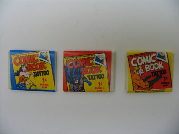 Comic Book Tattoo 1-Cent Bubble Gum: Super Hero's Near Set c. 1967 Includes Unopened Wax Packs of Bat Man, Wonder Woman & Flash Gordon Unopened Bazooka Bubble Gum in Original Wrappers National Periodical Publications, Inc. Original Vibra