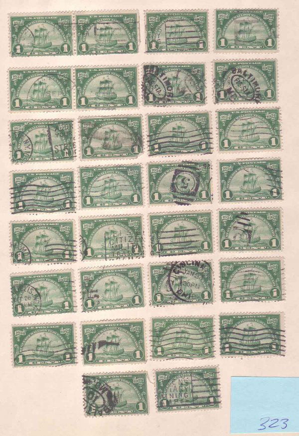 (64) 1924-25 Stamps, Scotts 614-619: Scotts 614 (33) New Netherland 1 Cent Stamps. Dark Green. Scotts 615 (18) Landing at Fort Orange 2 Cent Stamps. Carmine Rose. Scotts 616 (3) Monument to Jan Ribault at Duvall County 5 Cent Stamps. Dar