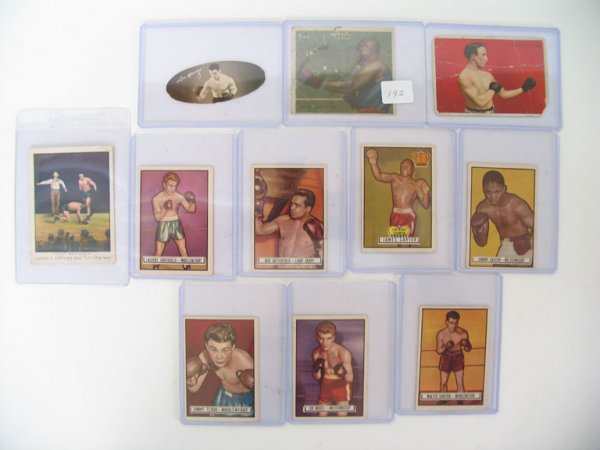 Boxer Card Vintage Lot of (11) Different Cards: c. 1910-1951 Includes T218 Jack Johnson, T227 Johnny Coulon, Len Harvey 1935 Carreras , T220 Jeffries/Sharkey & 1951 Topps Ringside Boxing Cards of Carter, Flood, Saxton, Micelim Satterfield, Dauthuil