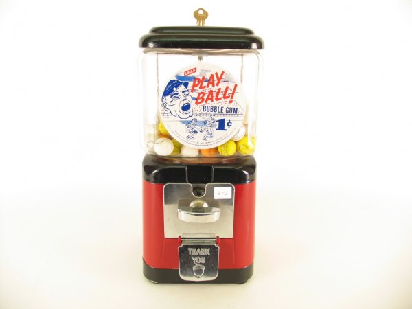 LEAF Play Ball Baseball Bubble Gum Machine: with Original Decal c. 1941, Incredible Vintage Baseball Gum Machine in Near Mint Original Condition, Paint Remains Vibrant with Machine in Working Order with Key