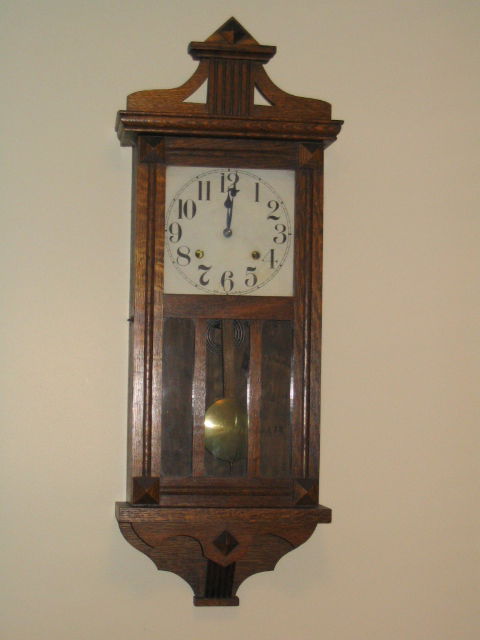 Oak Sessions Mission Style Wall Clock: The Sessions Clock Co, Forestville Conn. 11.5"W x 4.5"D x 32"H. Key Included.