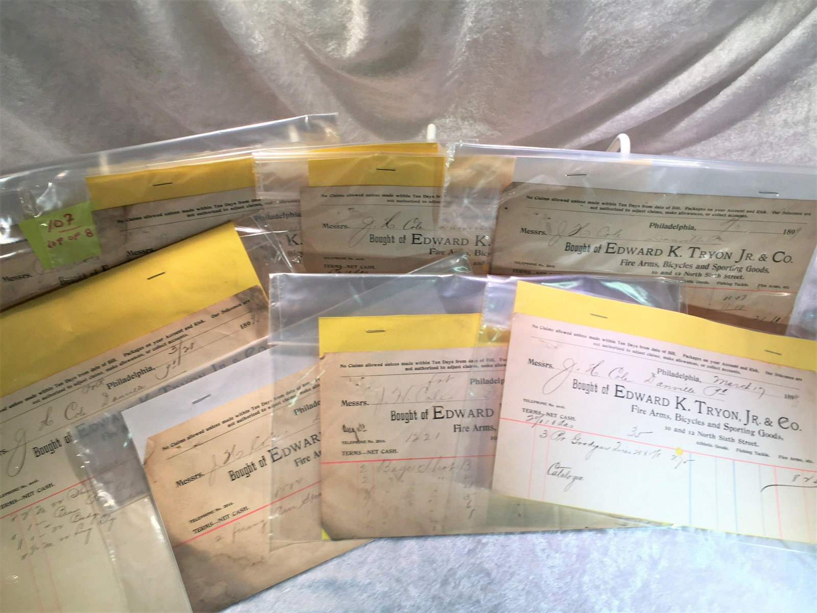 (8) 1899 Letterheads Edward K Tryon Jr & Co.,: (8) 1899 Letterheads Edward K Tryon Jr & Co., Philadelphia, Fire Arms, Bicycles and Sporting Goods