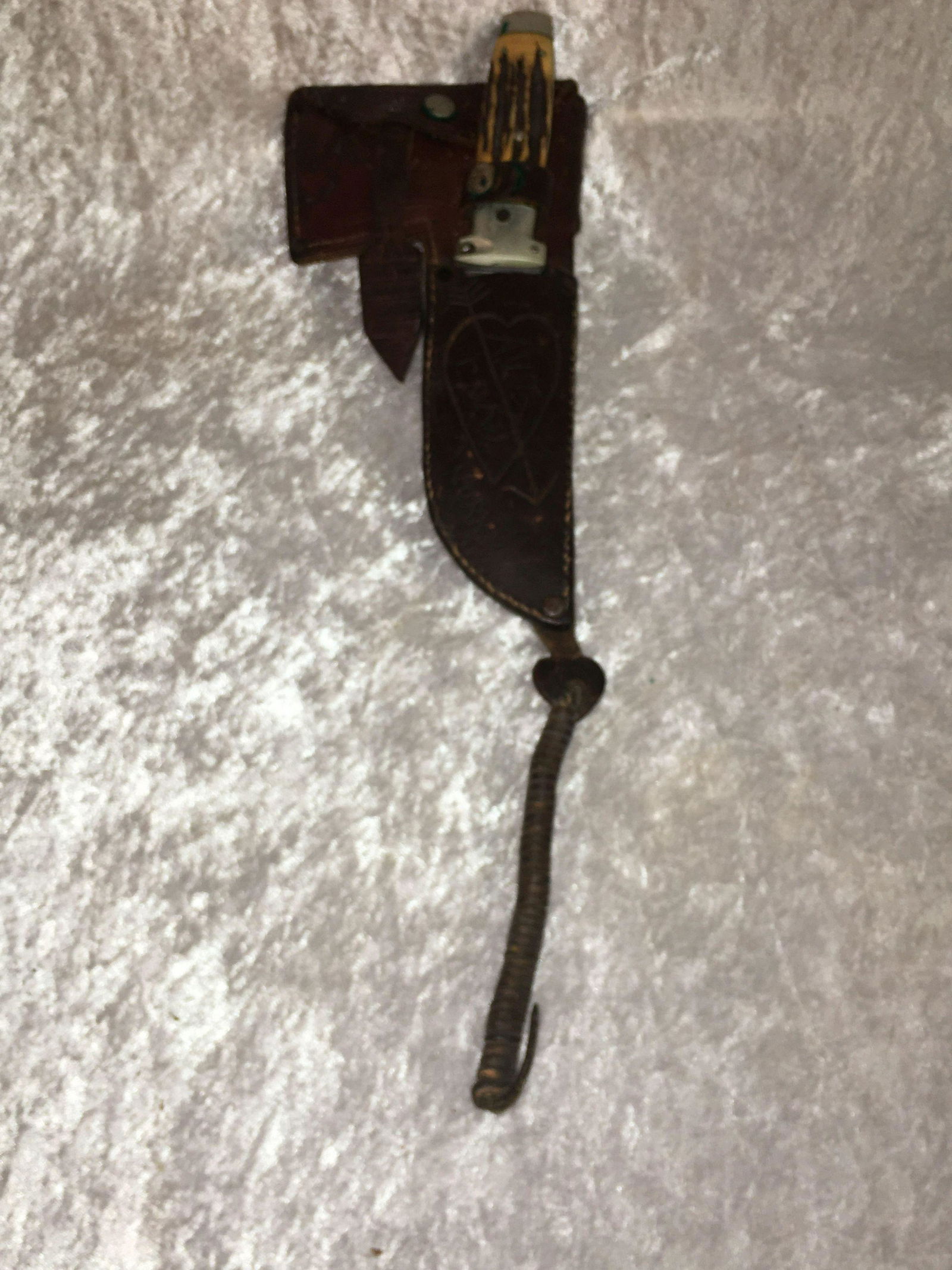 Cases Tested XX Knife/Hatchet Combo, Having Antlered: Cases Tested XX Knife/Hatchet Combo, Having Antlered Handle & Sheath (Sheath Is inscribed A.V.T. & C.W.W. W/ Arrow thru Heart Norry)