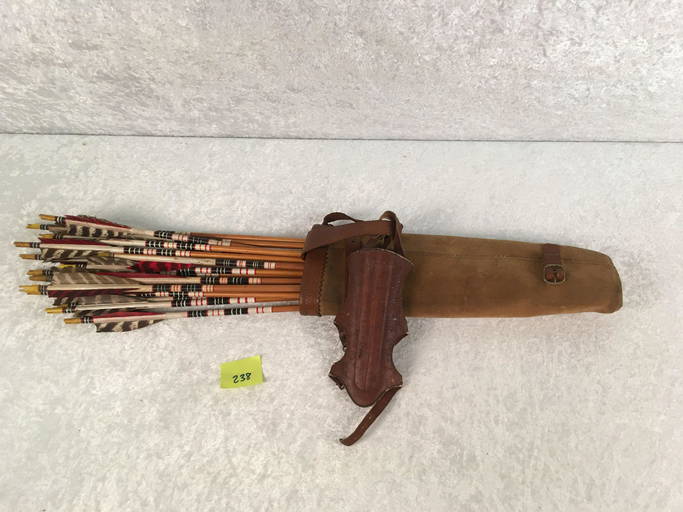 Vintage Leather Quiver Of (17) Wooden Arrows. (7) With