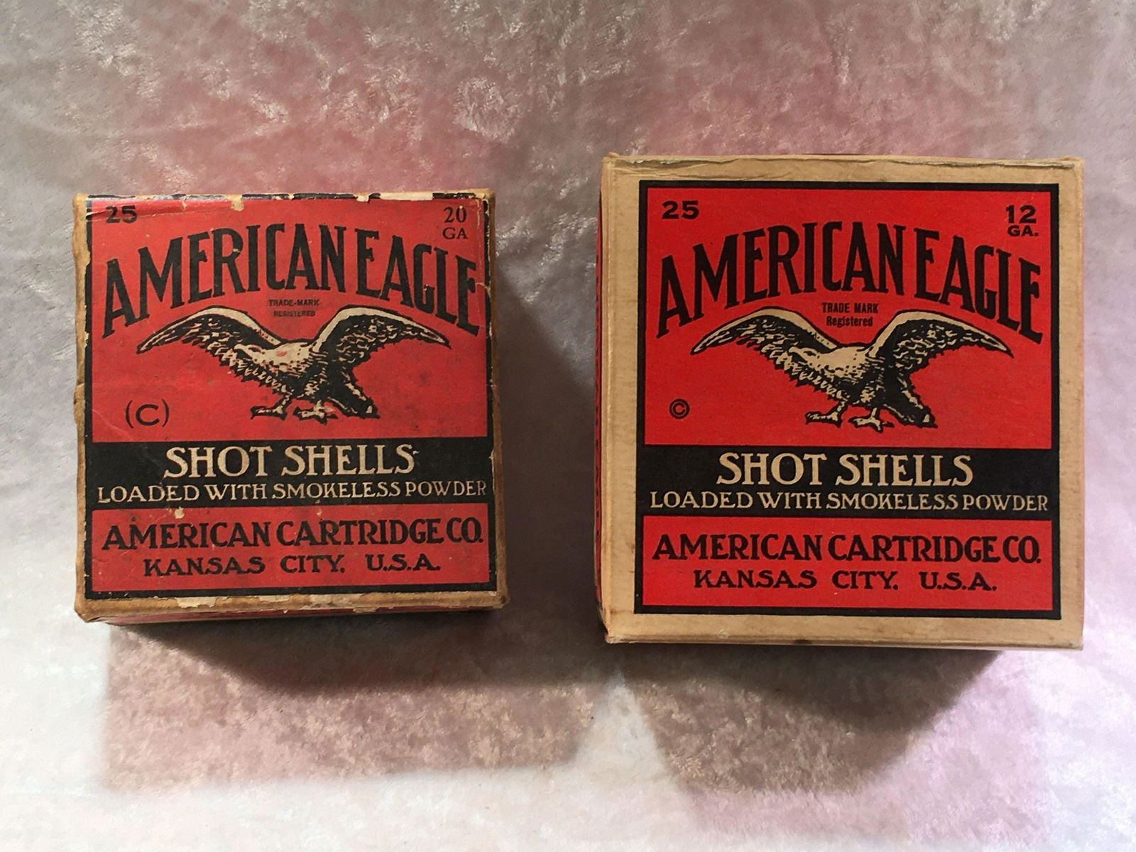 Pair of Vintage American Cartridge Co. American Eagle: Pair of Vintage American Cartridge Co. American Eagle 12 Ga. & 20 Ga. Empty Boxes. Two Piece 20 Ga. "A" Grade 2 3/4 Drms. 1 oz. 6 Ch Shot. One Piece 12 Ga. XL-Grade XL120 Equiv. 3-1-6.