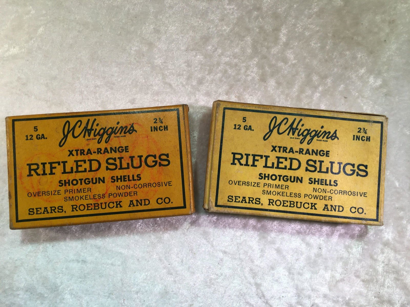 Pair of Vintage J.C. Higgins Xtra-Range 12 Ga. Rifled: Pair of Vintage J.C. Higgins Xtra-Range 12 Ga. Rifled Slugs Five Pack Full Boxes. Sears Roebuck and Co. 2 3/4 in.