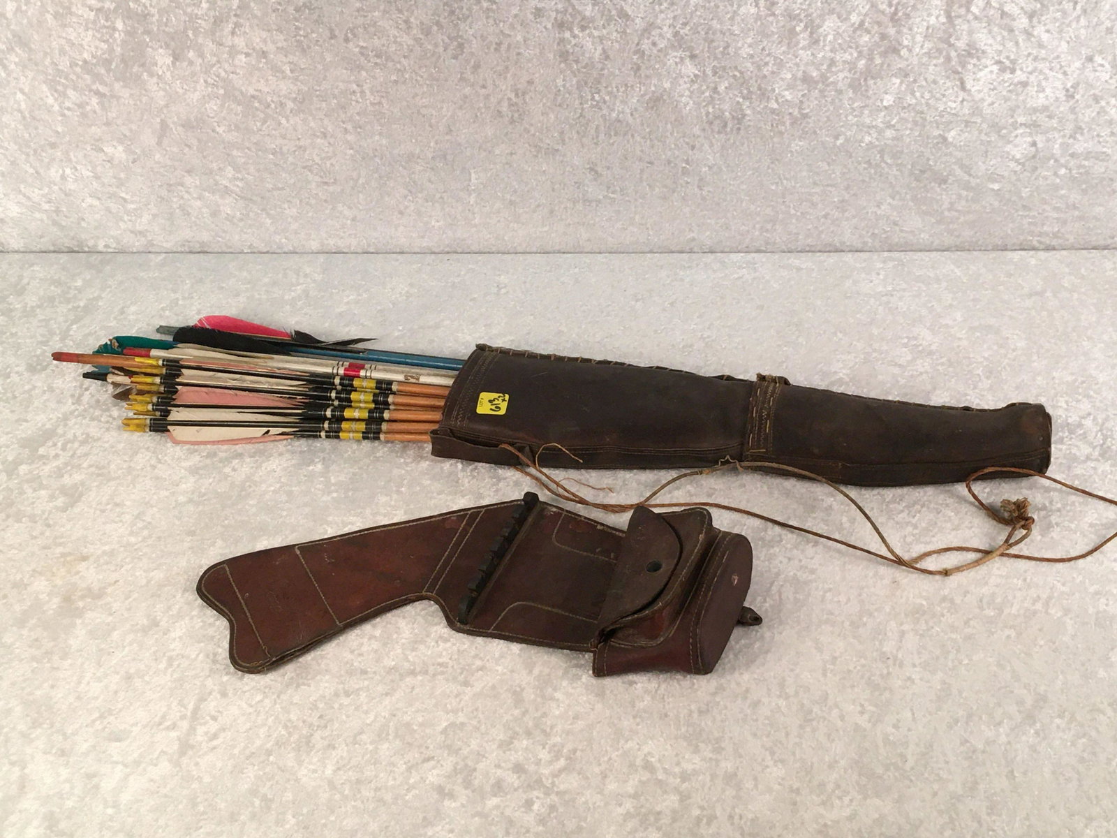 Vintage Bear Archery Leather Belt Quiver & Unmarked: Vintage Bear Archery Leather Belt Quiver & Unmarked Leather Quiver of (23) Cedar Stick Arrows.