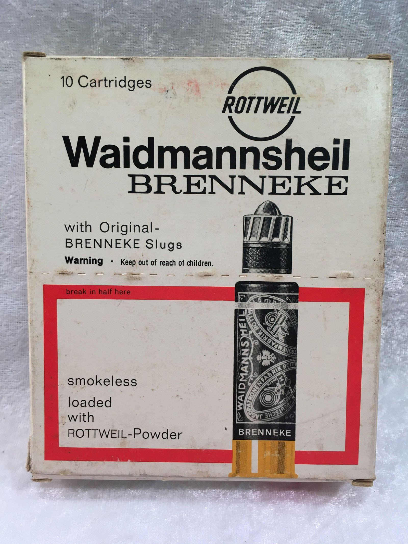 Vintage German Waidmannsheil Brenneke 12 Ga. Slugs Full: Vintage German Waidmannsheil Brenneke 12 Ga. Slugs Full Box of (10) Cartridges.
