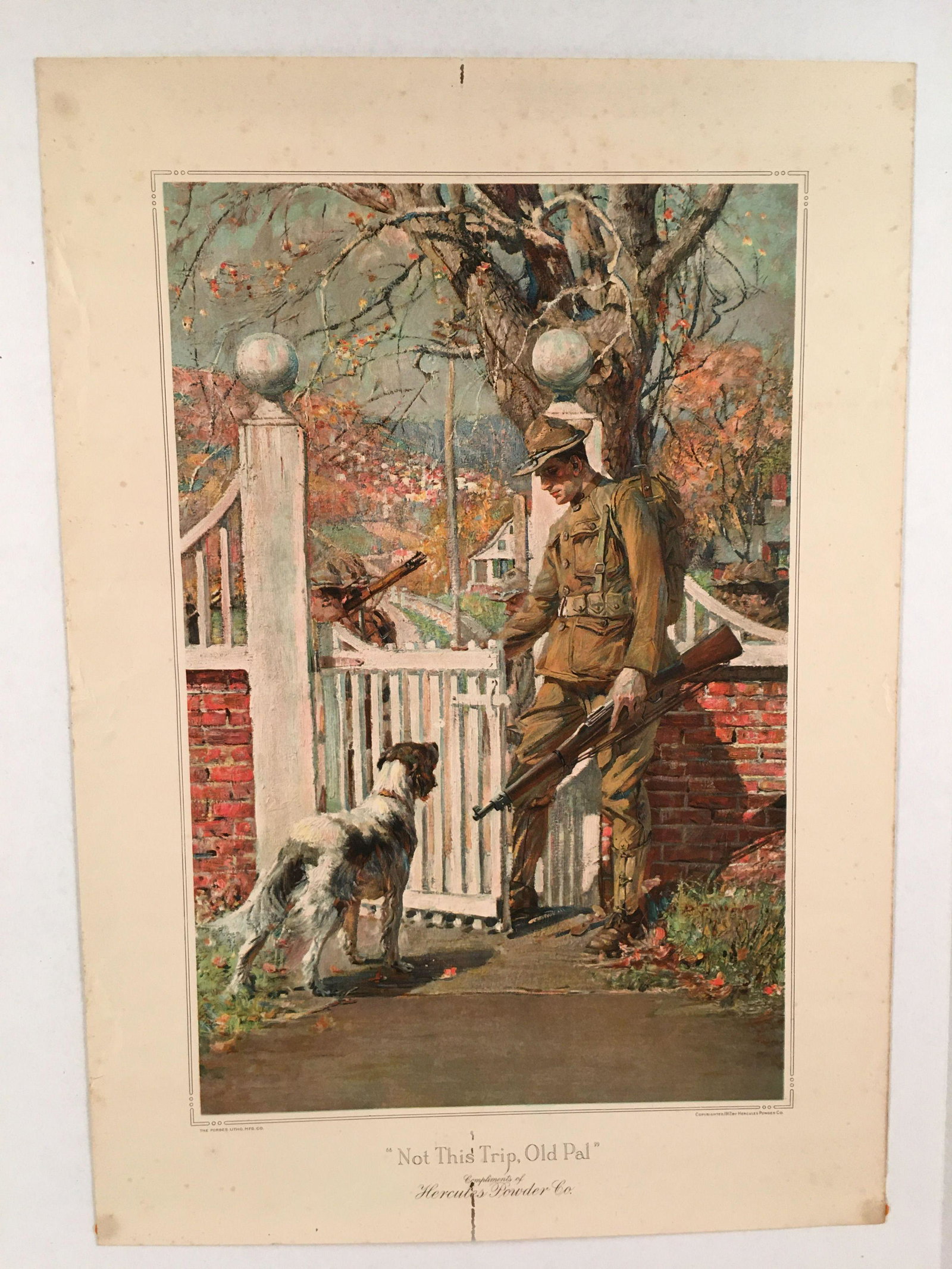 Vintage Advertisng Print, Hercules Powder Co. Copyright: Vintage Advertisng Print, Hercules Powder Co. Copyright 1917 "Not This Trip, Old Pal" (Print depicts a young man going off to WW1), 1" tear to bottom center, 16 3/4" X 24"