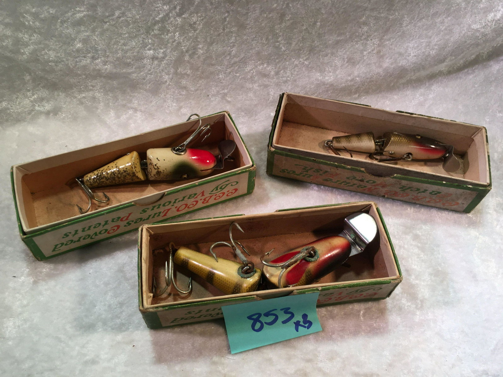 (3) Vintage Creek Chub Bait Co. Jointed Fishing Lures.: (3) Vintage Creek Chub Bait Co. Jointed Fishing Lures. Midget Pikie Pike Finish No. 4200, (2) Unnamed No. 2601, 2718. All in Original Boxes.
