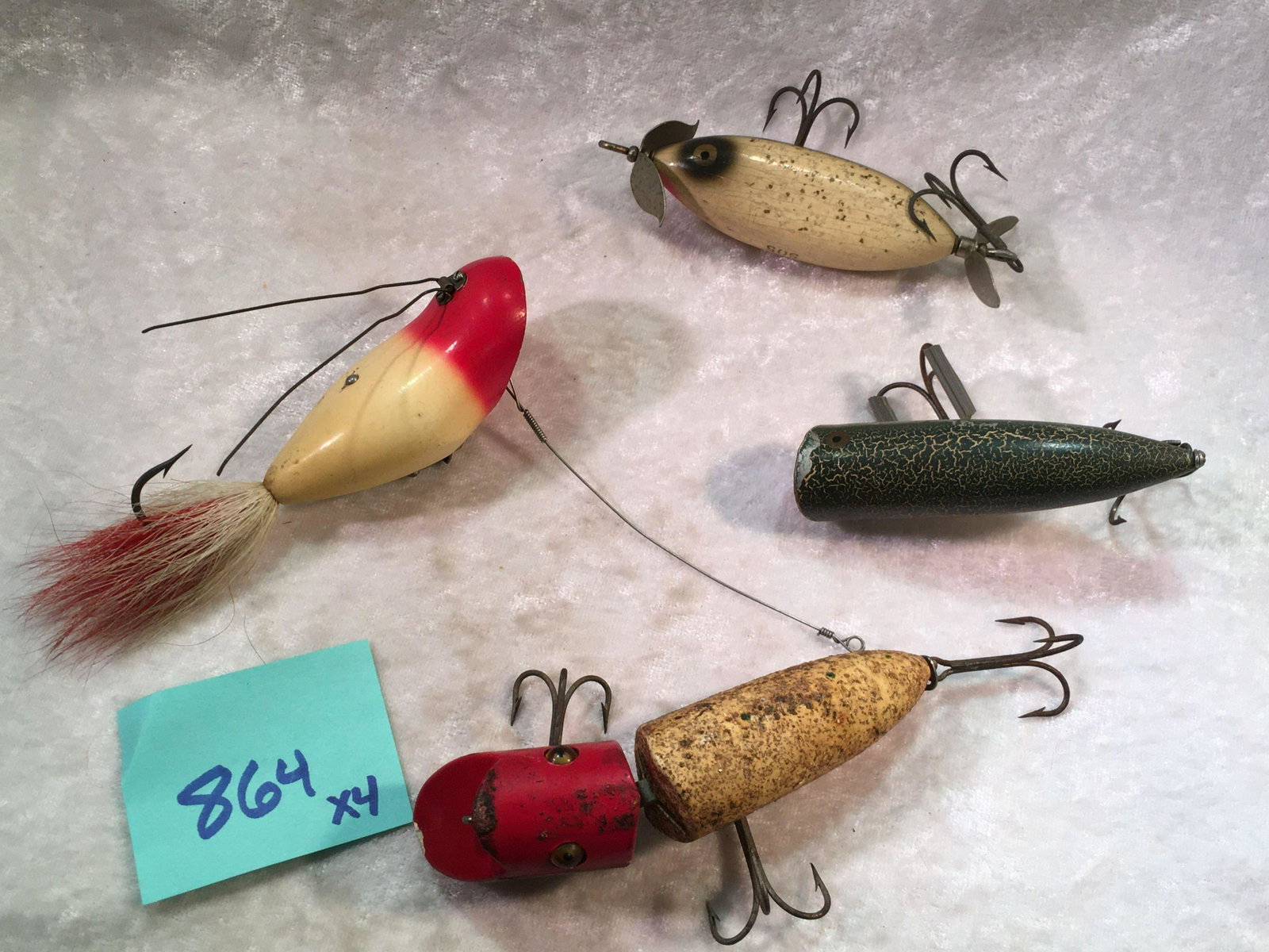 (4) Vintage Heddon Fishing Lures. Weedless Widow,: (4) Vintage Heddon Fishing Lures. Weedless Widow, Jointed Zig Wag with Glass Eyes, SOS, Chugger Spook.