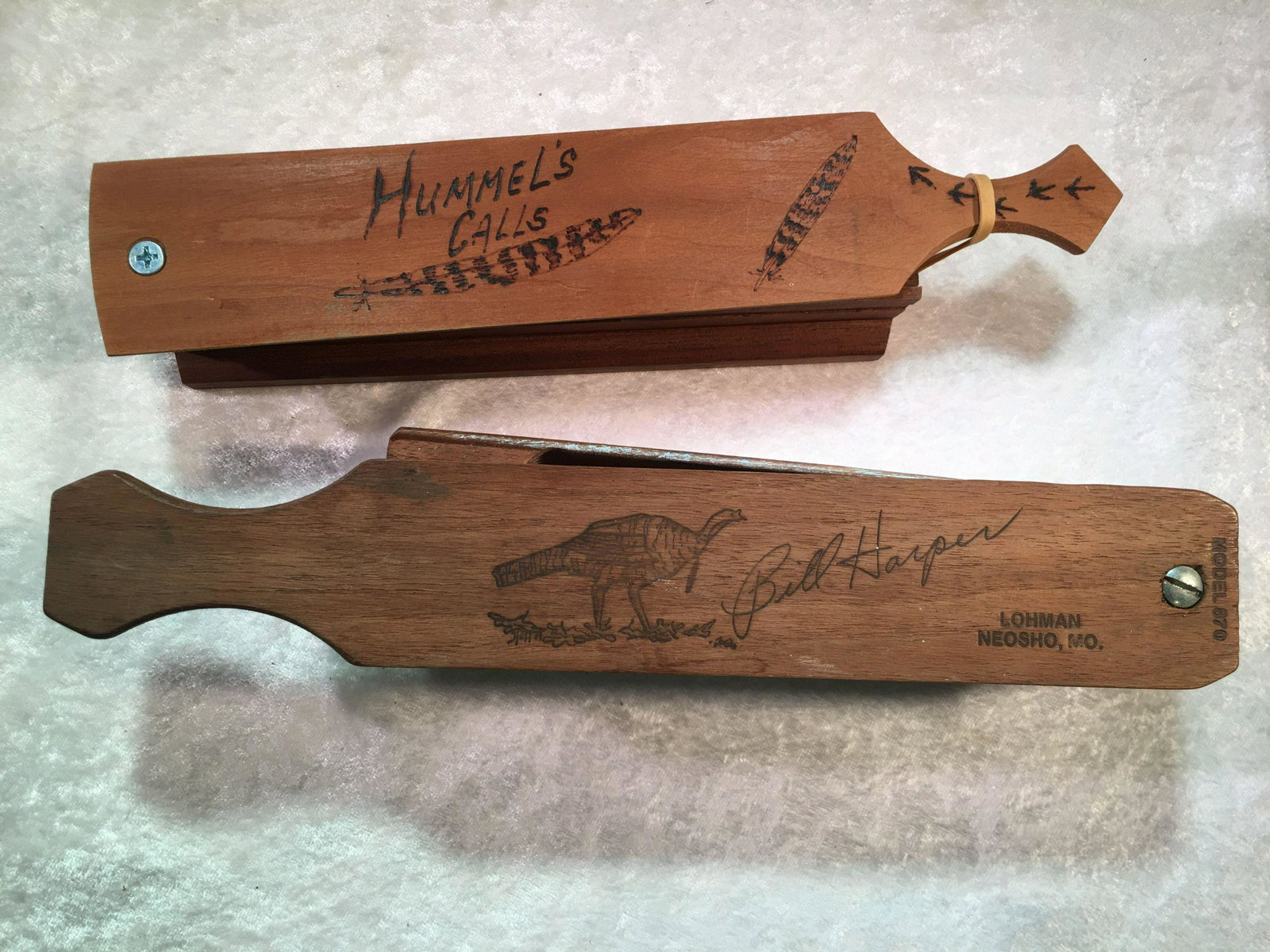(2) Box Turkey Calls, Bill Harper Model 870 Lohman: (2) Box Turkey Calls, Bill Harper Model 870 Lohman Neosho, MO & Hummel's Calls Signed Jon Hummel 2003