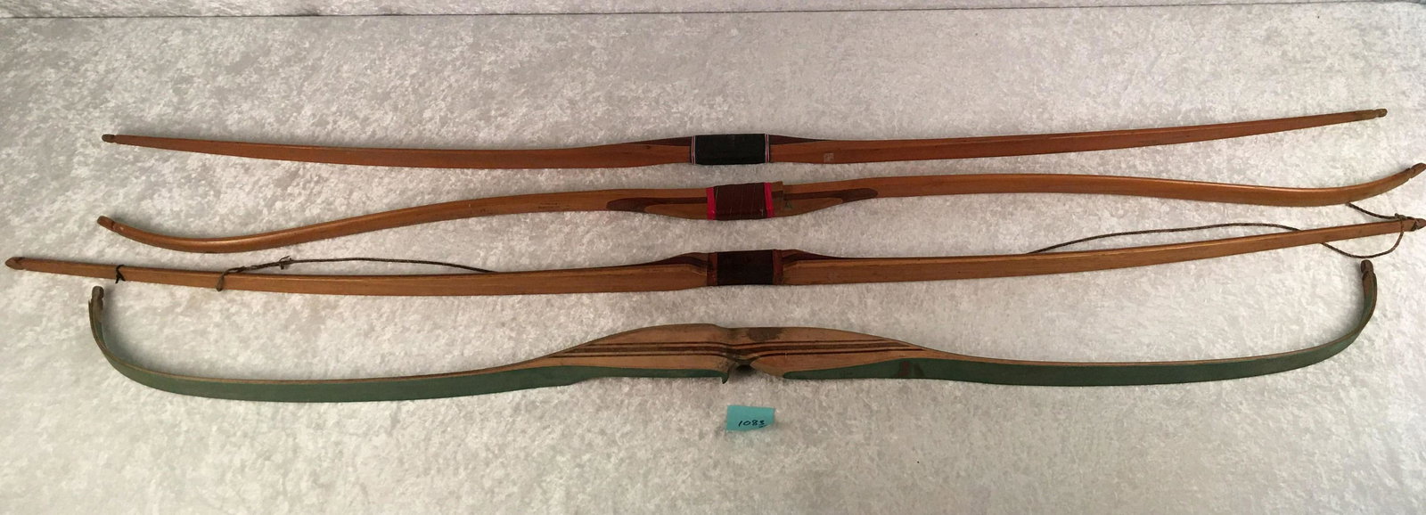 Group of (4) Vintage Bows. Root Sporter Recurve Bow.: Group of (4) Vintage Bows. Root Sporter Recurve Bow. 28#, 64", Stemmler Long Bow 40#, 68", Purlpleheart Long Bow Unmarked, Outdoor Sports Long Bow 25#, 66"