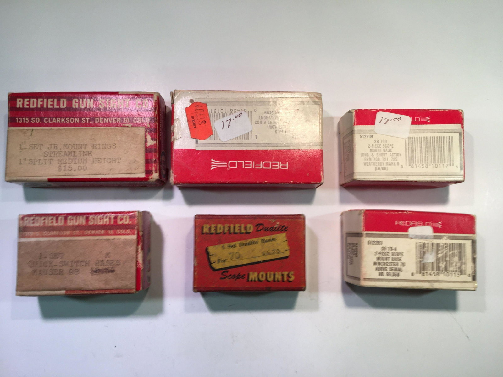 (6) Redfield Scope Mounts. 512203 2 pc. Base, 522630: (6) Redfield Scope Mounts. 512203 2 pc. Base, 522630 one in Split Low, 512209 2 pc Base. JR Rings one in Split strm line, One Set Quick Switch Bases, One SetDuallite Bases.