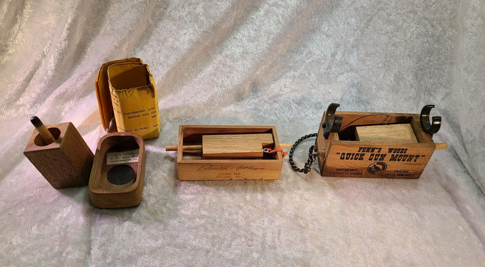 (3) Turkey Calls: (3) Turkey Calls: Tiny Coiner Turkey Caller By A.M. Coiner (slate), Penn's Woods "Quick Gun Mount" & Lohman Model 865, Neosho, Mo. Signed Bill Harper