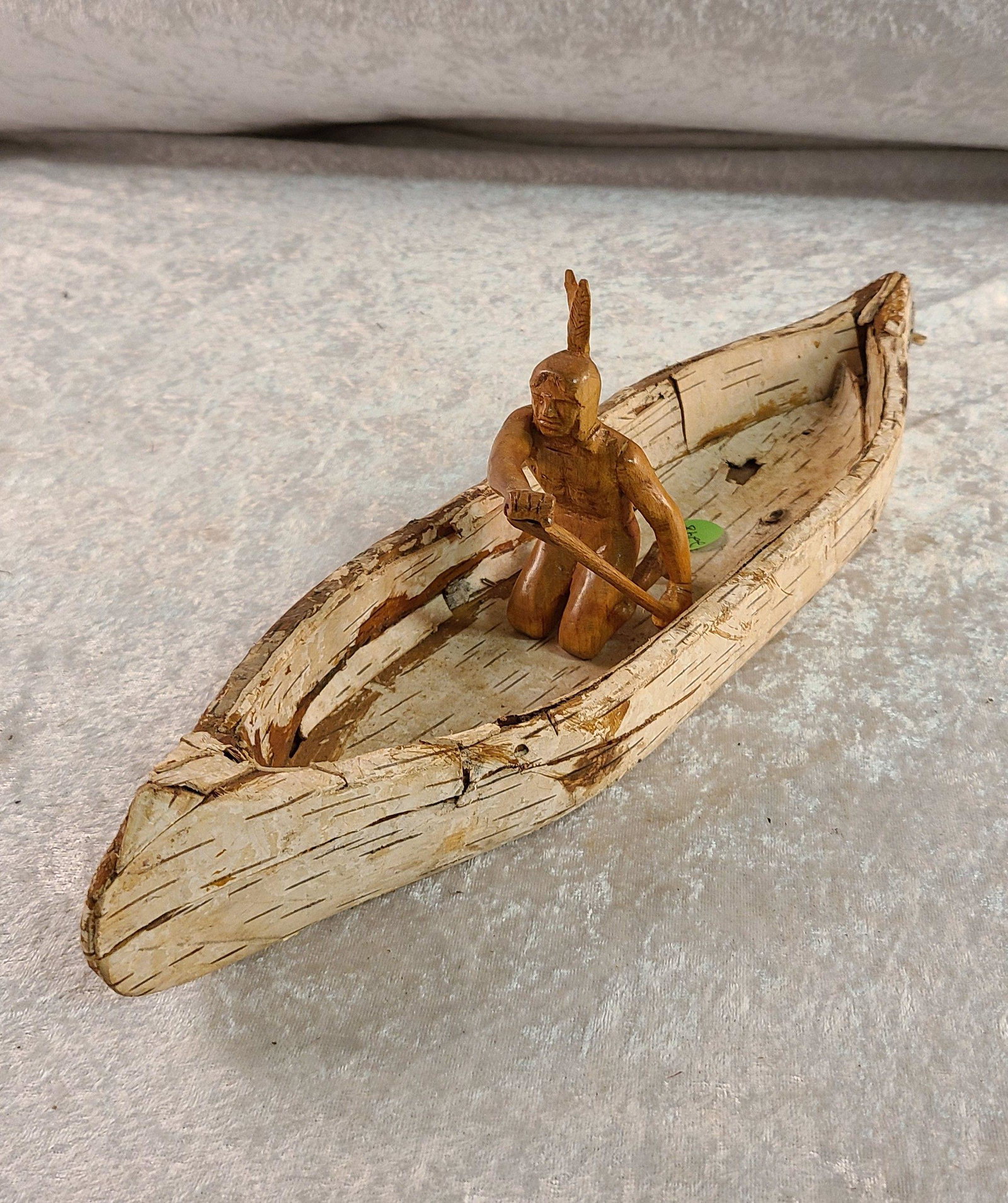 Small Birch Bark Covered Canoe with Carved Inidan: Small Birch Bark Covered Canoe with Carved Inidan Paddler