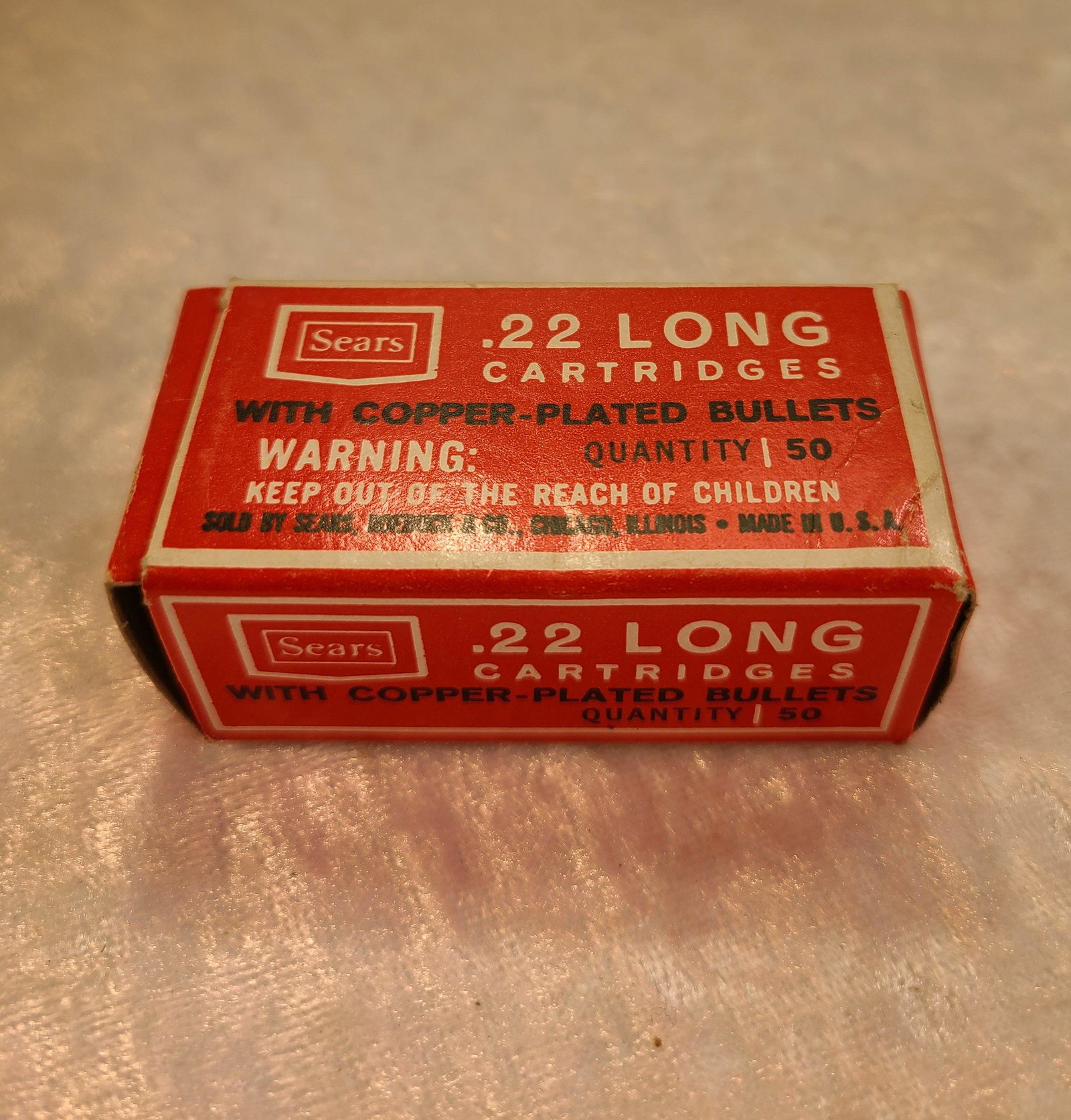 Vintage Sears .22 Long Cartridges with Copper Plated: Vintage Sears .22 Long Cartridges with Copper Plated Bullets One Piece Full Box.