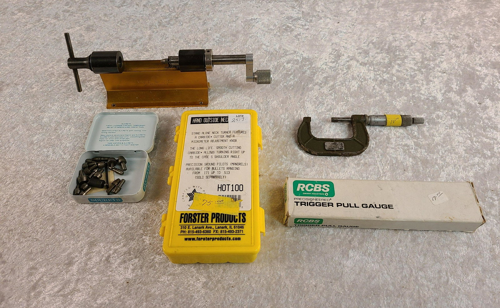 Lot of Reloading Equipment To Include: Lot of Reloading Equipment To Include: RCBS Trigger Pull Gauge, Forster Products Outside Neck Turner, Forster Case Trimmer & Lufkin 2" Micrometers