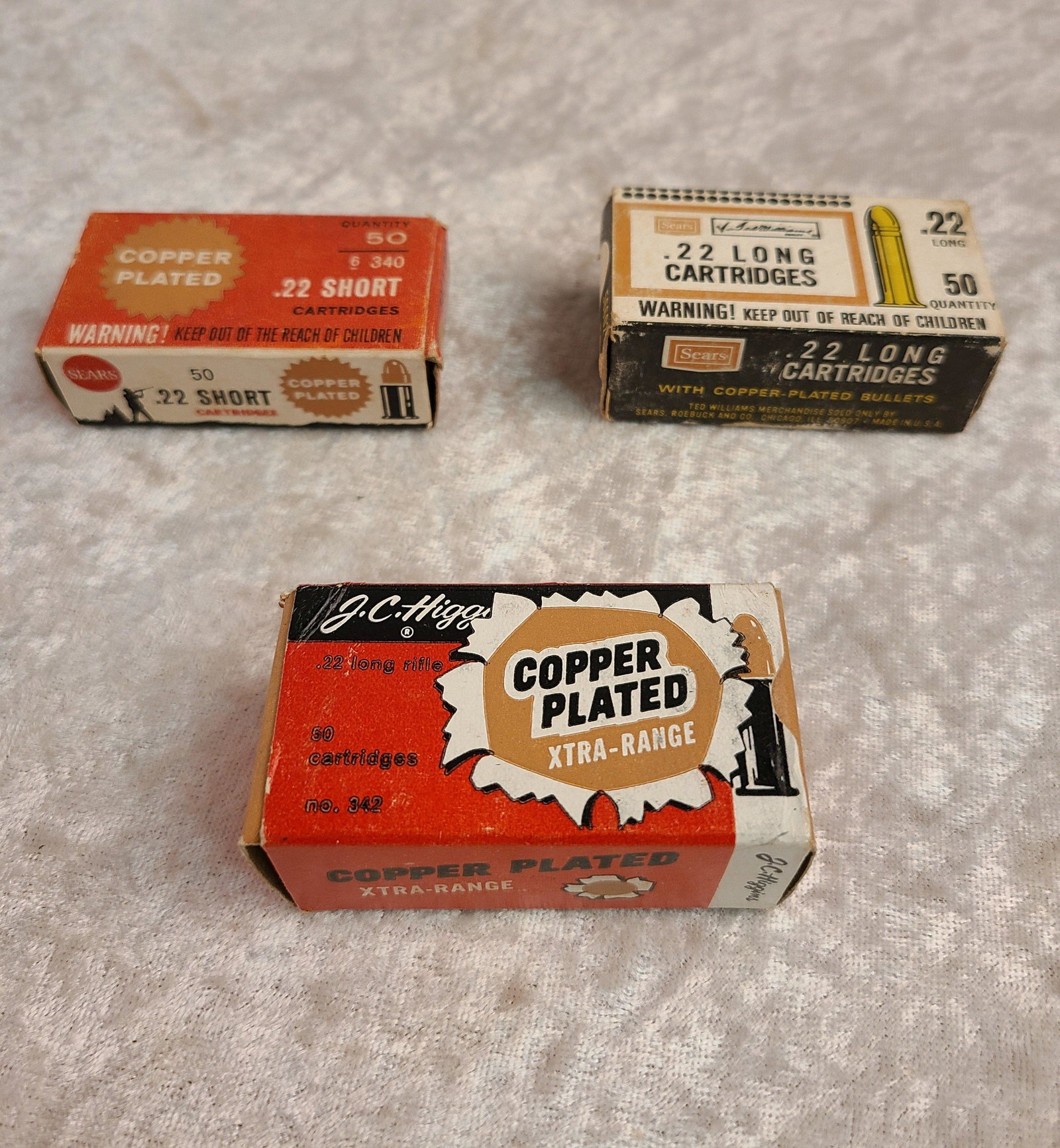 (3) Vintage Sears J.C. Higgins .22 Long One Piece Full: (3) Vintage Sears J.C. Higgins .22 Long One Piece Full Boxes & .22 Short Empty One Piece Box.