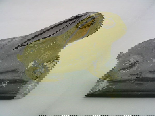 Reclining Rabbit Glass Candy Container: 3.5'' Wide x 3'' High. Tin Bottom, Paint Flaking. EX