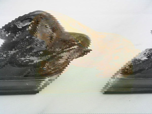 Reclining Rabbit Glass Candy Container: 3.5'' Wide x 3'' High. Tin Bottom, Paint Flaking, EX