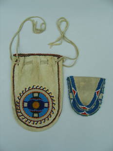 Pair of Arizona Indian Beaded Leather Bags: Includes Old Note: Indian Bead Bags, Mary Vernon Mish, from her Aunt Marquerite Wheeler. 3.5"H x 7"H.