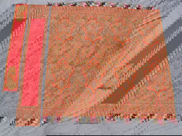 Large 19th C Paisley Shawl & 2 Table Runners: Shawl: 67" x 70". 2 Paisley Type Table Runners: 12" x 69", 8" x 54". Some small holes & stains.