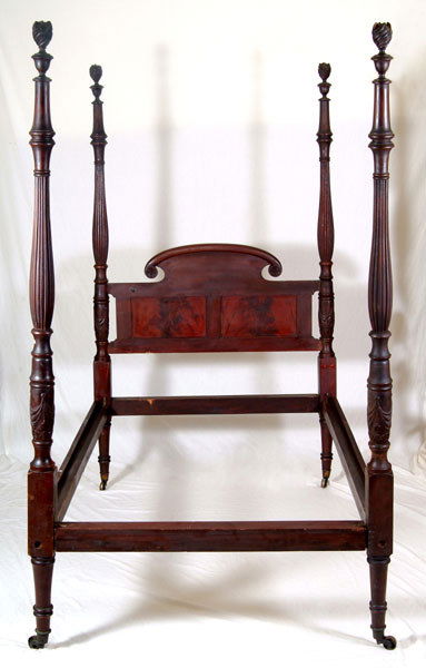 Mahogany Four Poster Bed, Flame Finials: Turned & Relief Carved Columns w/Fluted Tops. Impressive Urn & Flame Finials. 49"W x 85.5"H