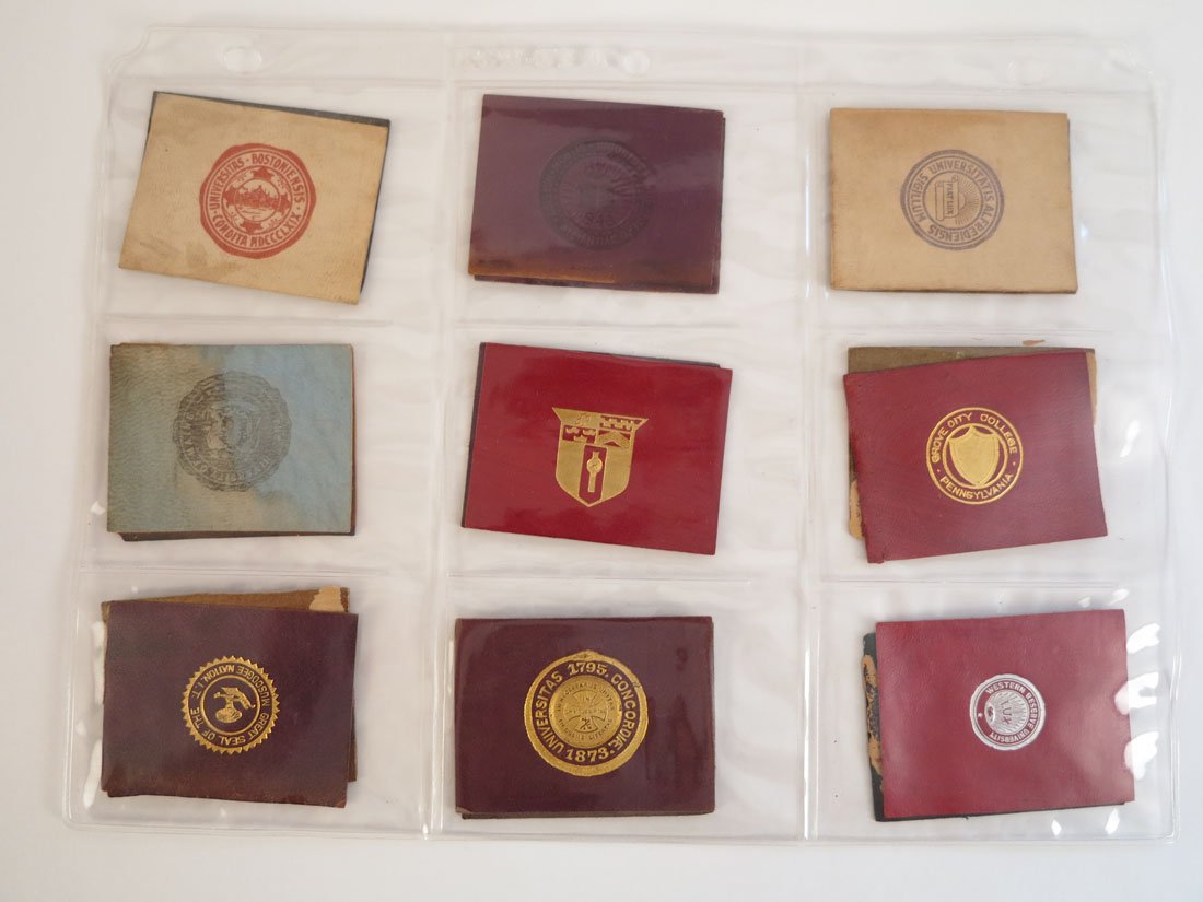 (18) L20 College Tobacco Leathers: Lot of 18 Leather Patches: Grove City, Western Reserve, Concordia, Boston, Mount Union, Muscogee Nation, Maine, Alfrediensis, Stetson, Ohio St(2), Michigan, Lehigh, Wooster. Osage National Council, St