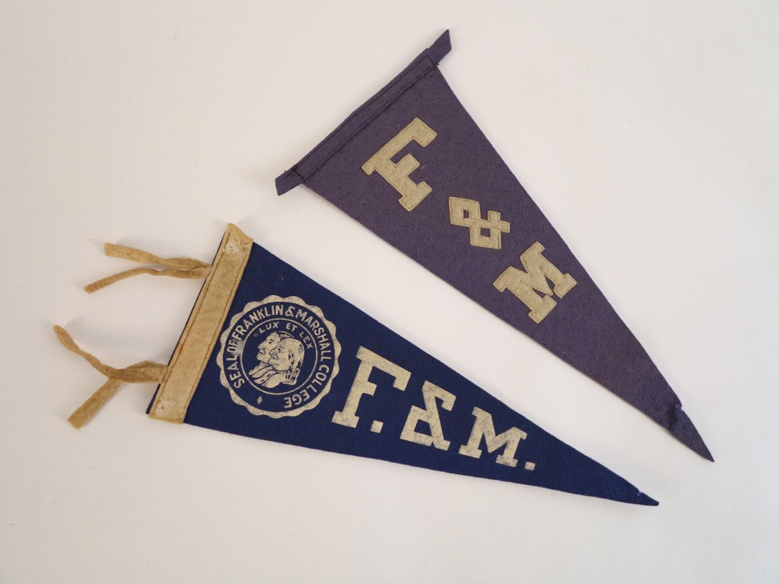 (2) Franklin & Marshall College Pennants: Lot of 2 Franklin & Marshall College Pennants, One with Sewn on Letters. 9"
