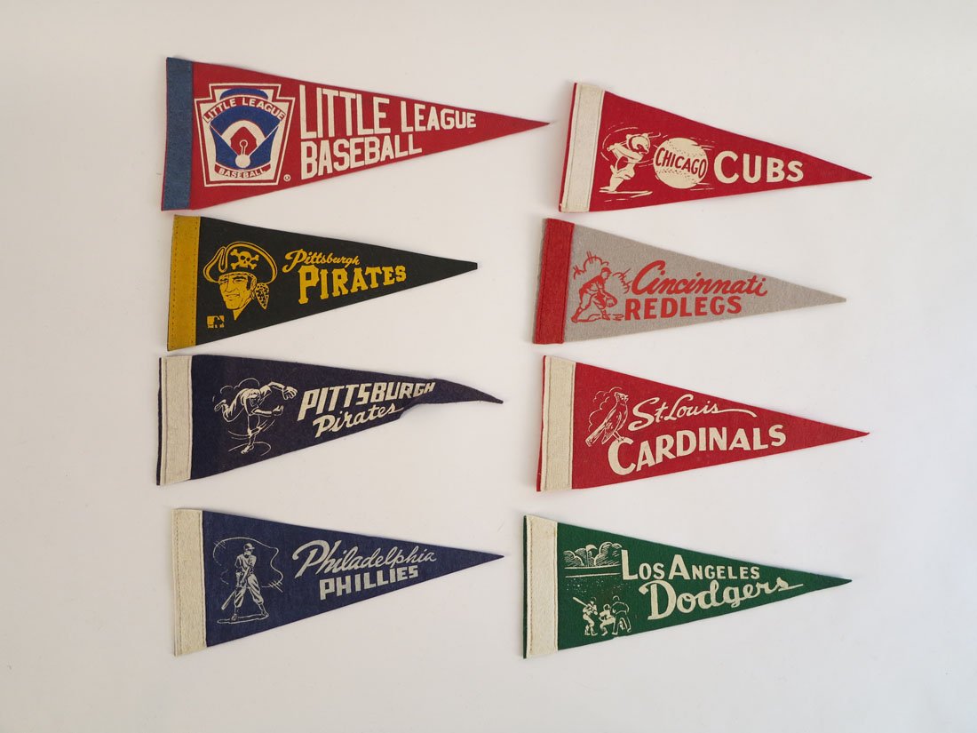 (8) Miniature Baseball Pennants, Dodgers, Redlegs: Lot of 8 Miniature Baseball Pennants: Little League Baseball, LA Dodgers, St. Louis Cardinals, Cincinnati Redlegs, Chicago Cubs, Phillies, Pittsburgh Pirates(2). Various Sizes.