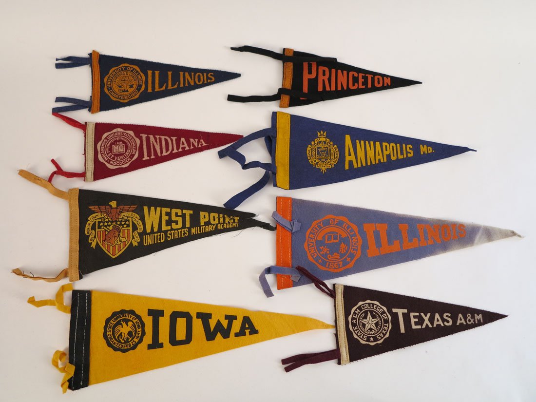 (8) Miniature College Pennants, Princeton, Texas A&M: Lot of 8 Miniature College Pennants: Princeton, Iowa, West Point, Indiana, Illinois, Texas A&M, Illinois, Annapolis MD. 8-13"