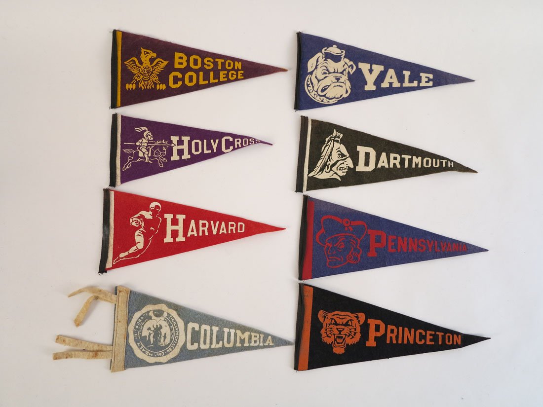 (8) Miniature College Pennants, Harvard, Holy Cross: Lot of 8 Miniature College Pennants: Princeton, Pennsylvania, Dartmouth, Yale, Columbia, Harvard, Holy Cross, Boston College. 8.5"