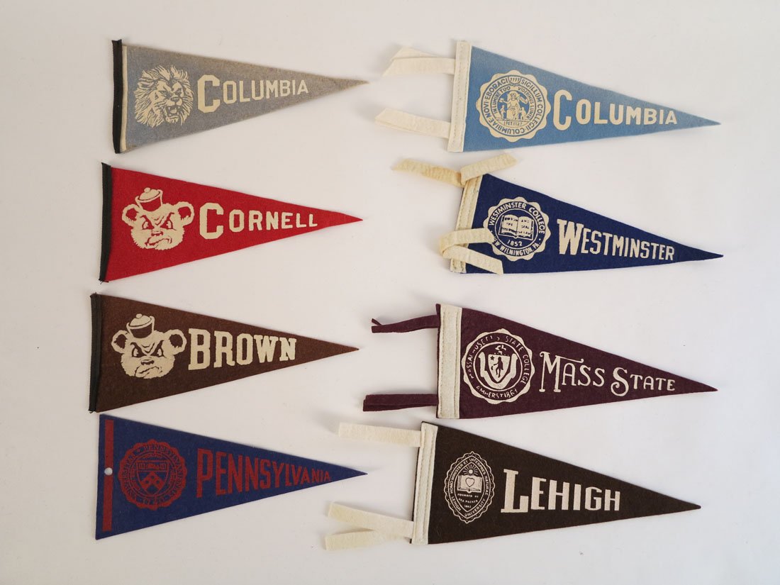 (8) Miniature College Pennants, Columbia, Cornell: Lot of 8 Miniature College Pennants: Lehigh, Mass State, Westminster, Columbia, Pennsylvania, Brown, Cornell, Columbia. 8.5"