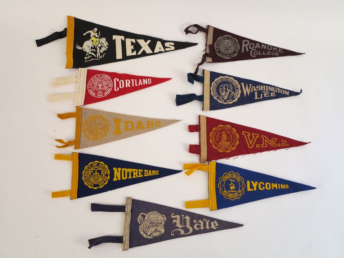 (9) Miniature College Pennants, VMI, Yale, Notre Dame: Lot of 9 Miniature College Pennants: Texas, Roanoke, Lycoming, V.M.I., Washington & Lee, Yale, Notre Dame, Idaho, Cortland.9"