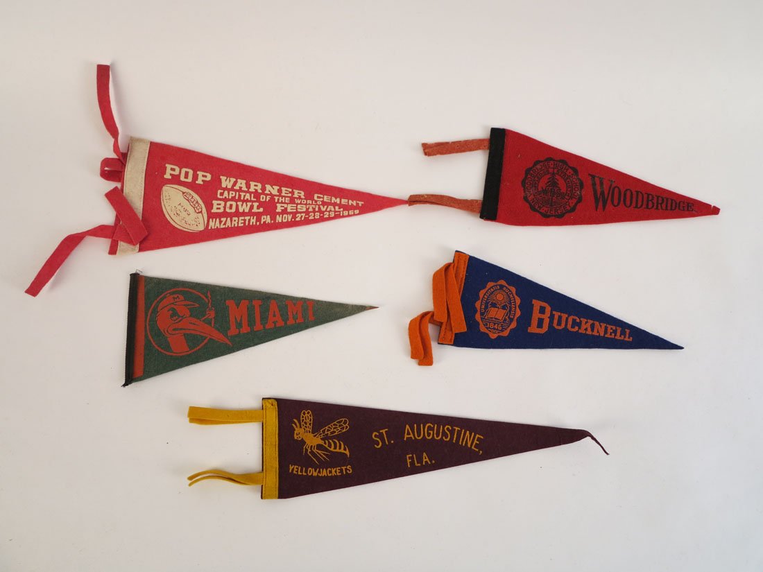 (5) College & H.S. Pennants 9", Bucknell, Miami: Lot of 5 Pennants: Bucknell, Woodbridge HS, St. Augustine FL, Miami, Pop Warner Nazareth PA. Approx. 9"